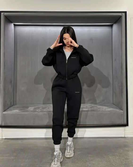 Monochrome Black Tracksuit with Chunky Sneakers